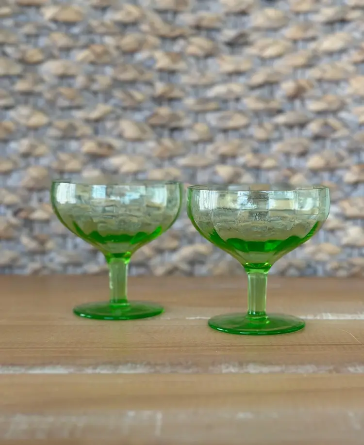 GLOWY GLASS! Pair of Vintage Uranium Glass Champagne Coupes - Glows Under UV Light
