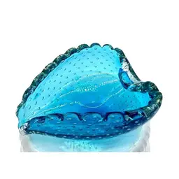 Italian Blue Murano Heart Shaped Dish Bullicante Controlled Bubbles 5.5" x 5"