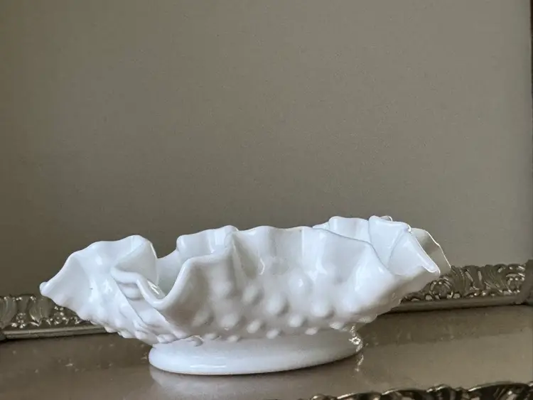 Vintage Fenton Glass Hobnail Milk Glass Bon Bon Dish