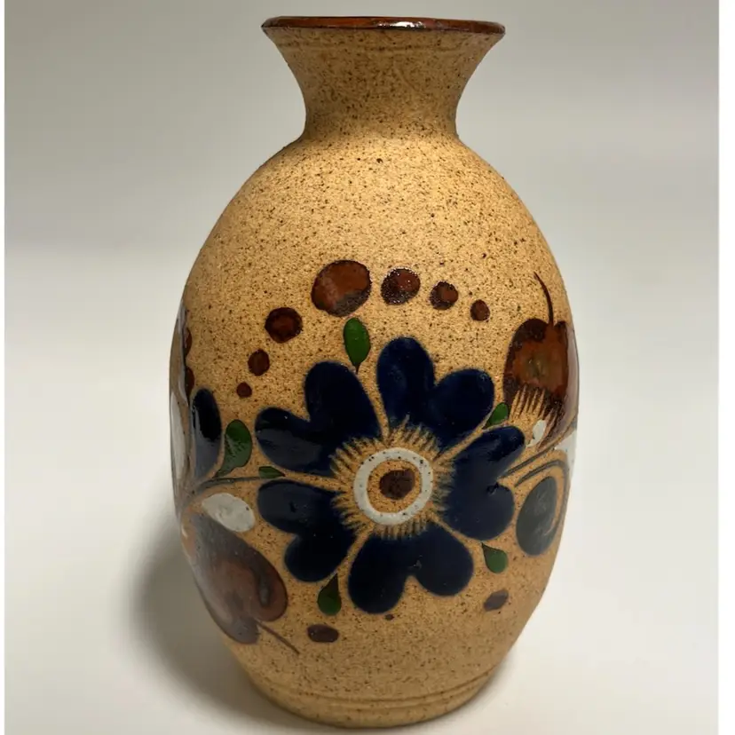 36. Tonala -Mexican Folk Art Pottery Vase – 5.5” Tall, 3” Wide-Speckled Clay with Hand-Painted Floral Design- Signed Mexico -