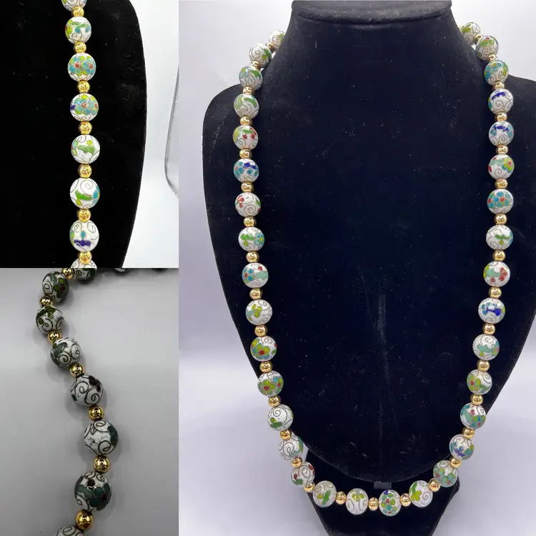 Vintage Cloisonné Floral Beaded Necklace 28 Inch