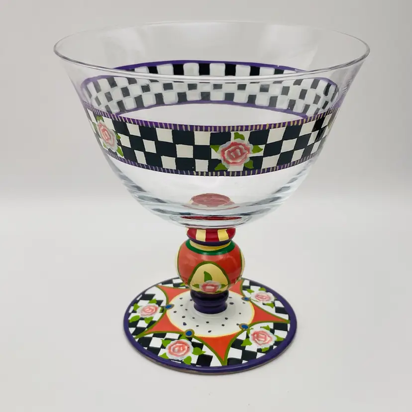 Hand Painted Florals/Checks, Glass Pedestal Bowl, “Meredith Rose” by Artland