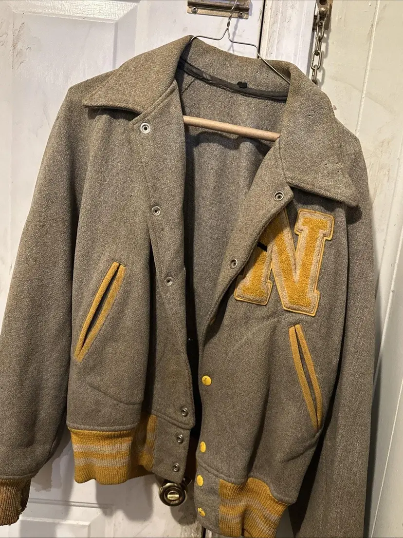 Vintage 60s Wool Varsity Jacket: Yellow Gray with Bold N Patch