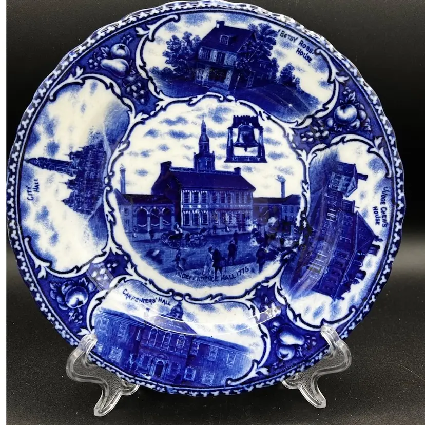 059. Antique Staffordshire (?) Made in England Philadelphia Blue Flow Souvenir Plate