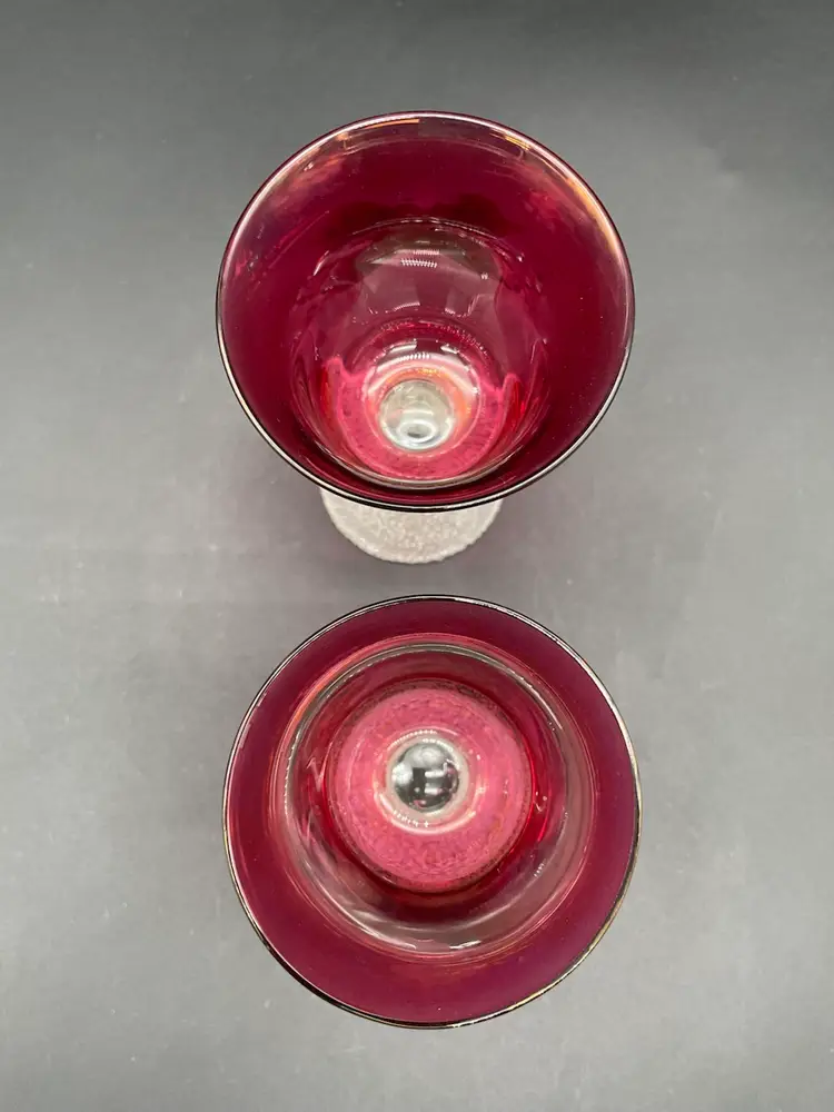 #04 Pair Of Vintage Bohemian Hand Painted Cordial Glasses With Frosted Stem & Base