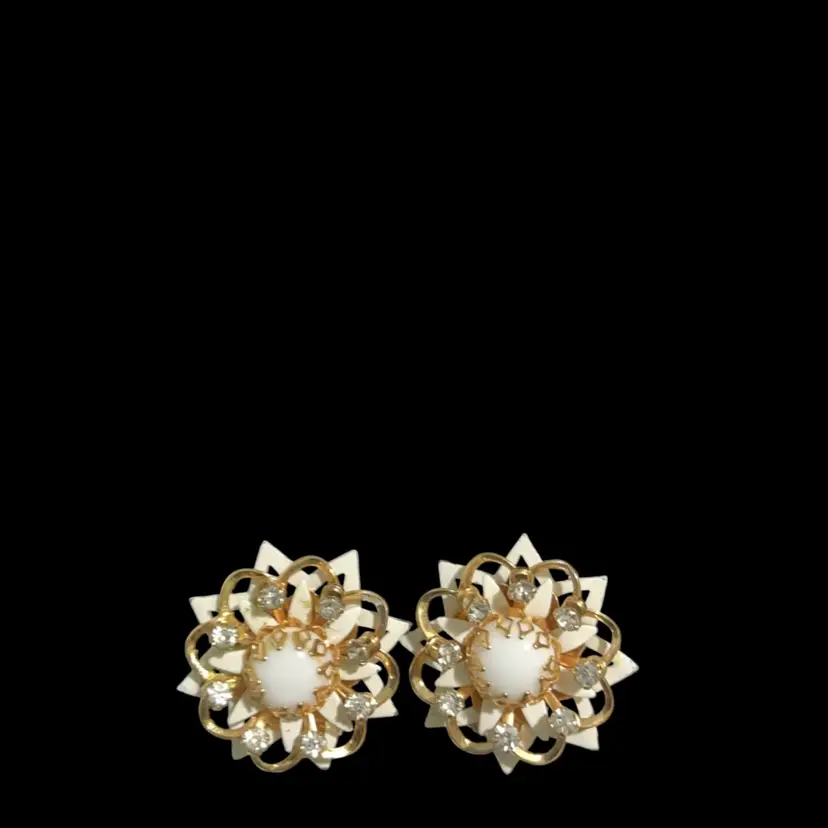 Vintage Goldtone Kramer Floral Flower Clip On Earrings. With  Prong Set White Milk Round Cabochon Center.