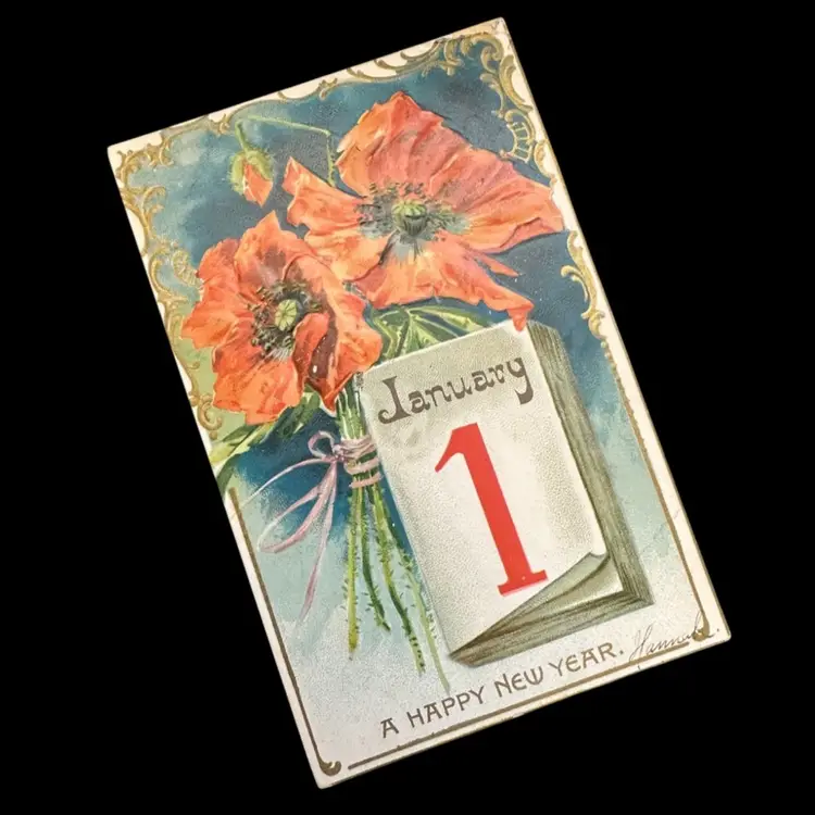Antique Tucks Happy New Year Floral Gilded Art  Nouveau Postcard, Posted 1908 Series 145