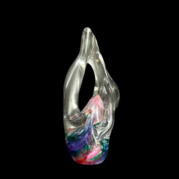 Robinson Scott Signed Studio Art Glass Freeform Sculpture• paperweight Pink/Aqua/Purple Swirl•2000
7” T x 3” L x 2-1/2” W