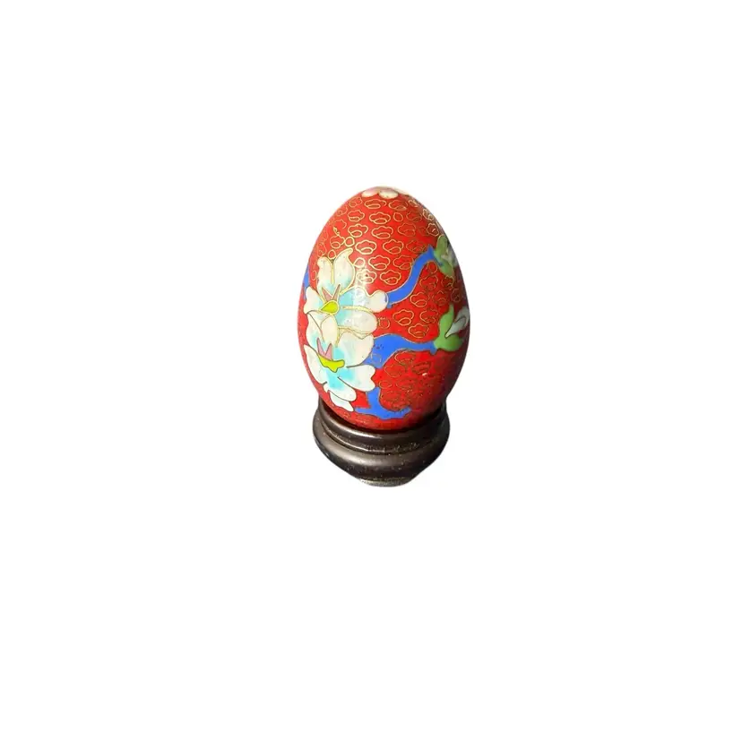 Chinese Cloisonnne Egg 3” Floral With Stand Red Gold Asian Decor