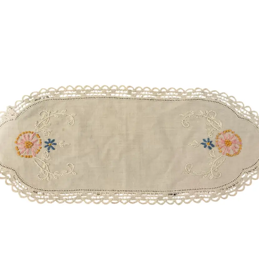 Linen Embroidered & Crocheted Doily