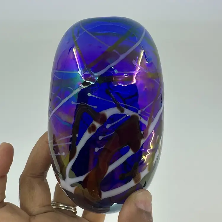 Signed 83” Splatter Style Cobalt Blue Art Glass Small Vase 5” WE Porter