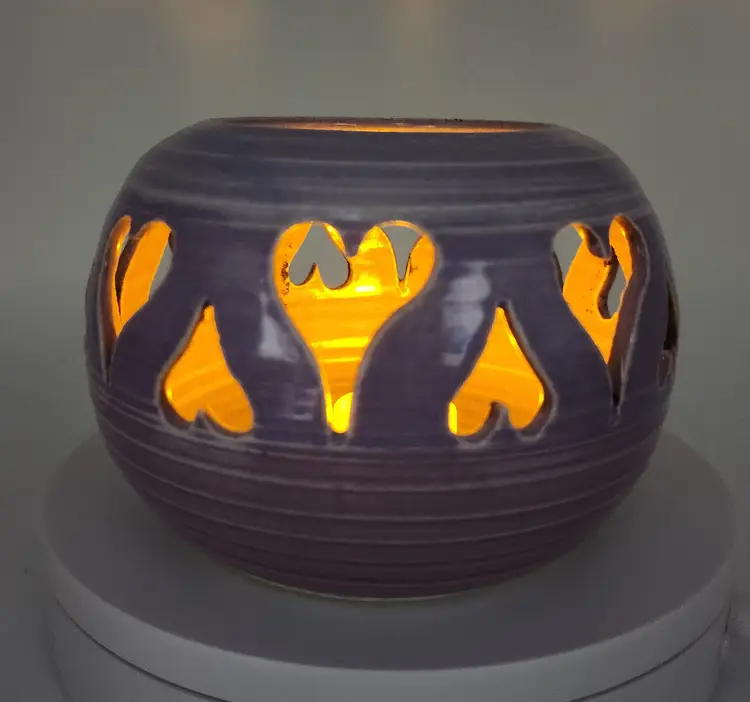 Handmade Signed Ceramic Heart Cutout Lantern Tealight Candle Holder Lilac Rose