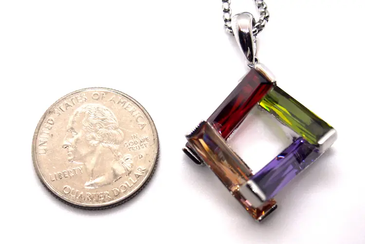 Multicolor Geometric Pendant Necklace Silver Tone Square Modern Rainbow Jewelry