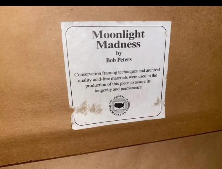 Bob Peters framed Lithographs horses matted with stamps Artist signed .
“Moonlight Madness”