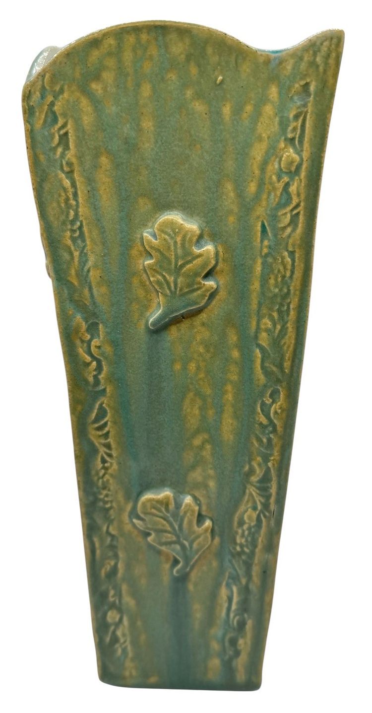 Signed Handmade Studio Art Pottery Vase Oak Leaf Aqua Blue Green Beige 10.5”