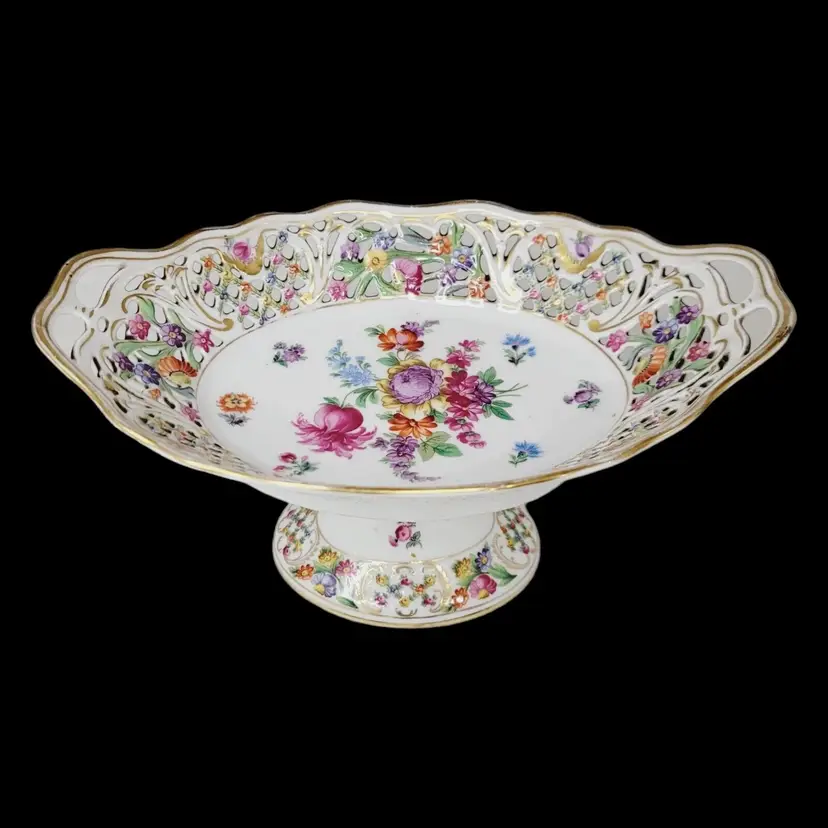 Dresden Schumann Bavaria Candy Fruit Footed Pedestal Oval Floral Bowl Compote