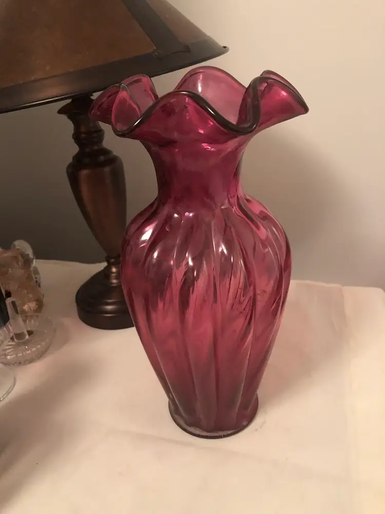 Fenton Cranberry Spiral 11" Ruffled, Ribbed, Swirl, Vase