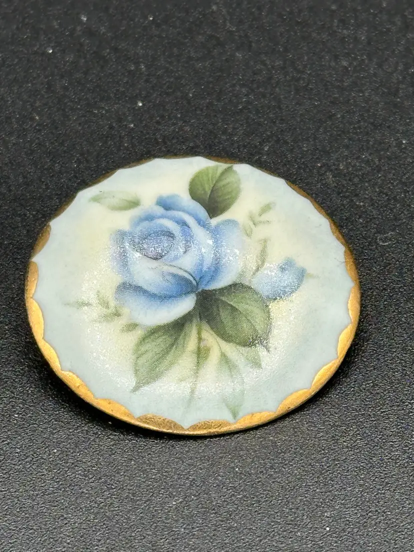 Porcelain Ceramic Victorian Pin Blue Rose Flowers Gilt Border Porcelain Transfer Brooch