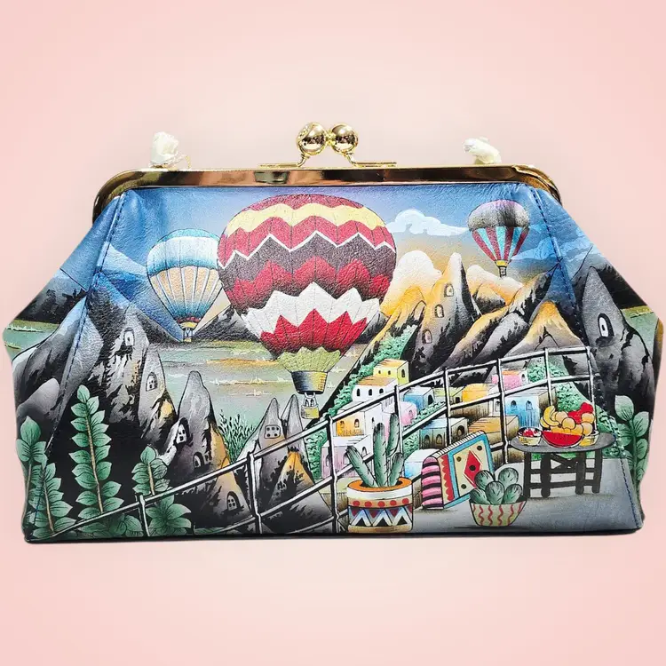 Anuschka Hot Air Balloon Hand-Painted Leather Kiss Lock Clutch Crossbody Purse