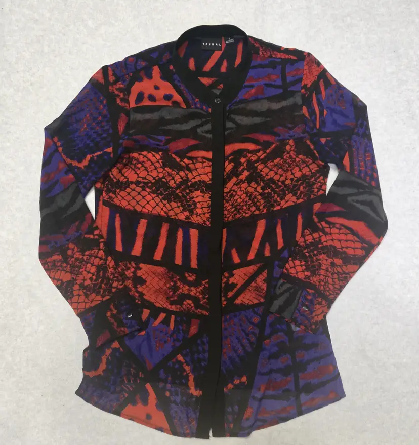 Tribal Blouse Womens 2 Red/Purple/Black Button Down Long Sleeve Top