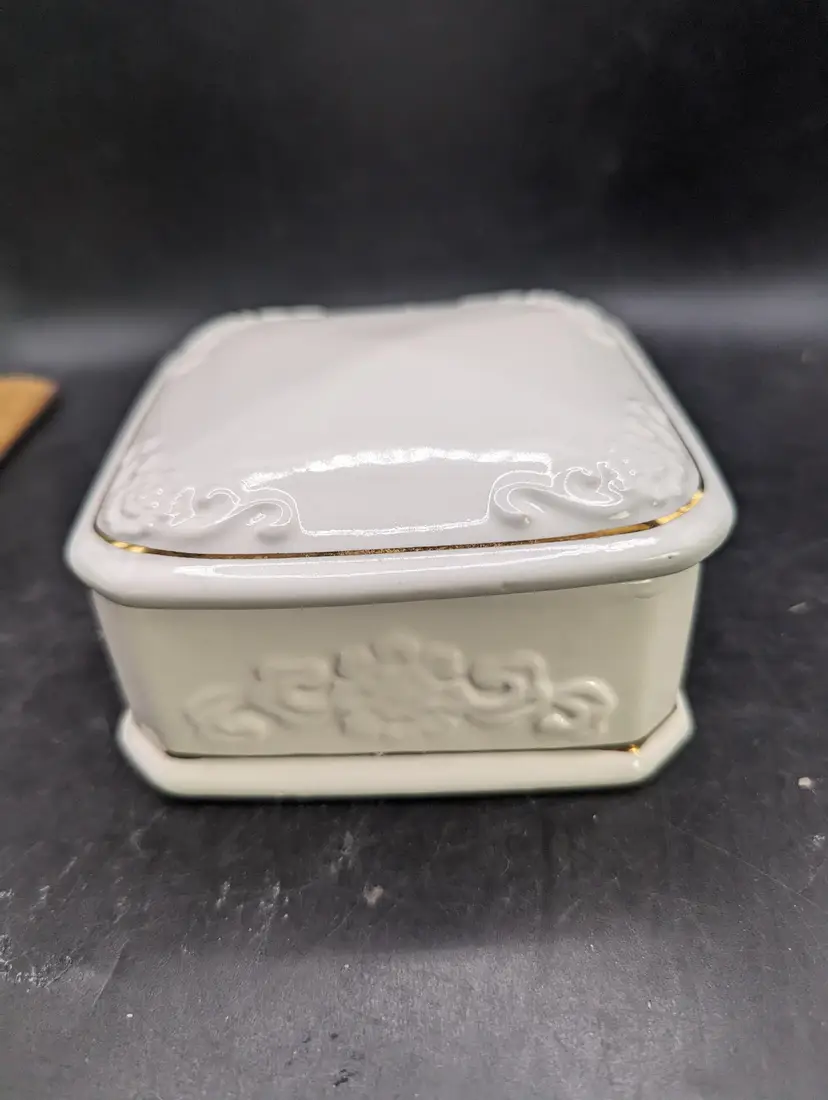 Vintage Paul Sebastian PS Trinket Box LE 1996 White w Gold Trim Vintage 4" sq Porcelain