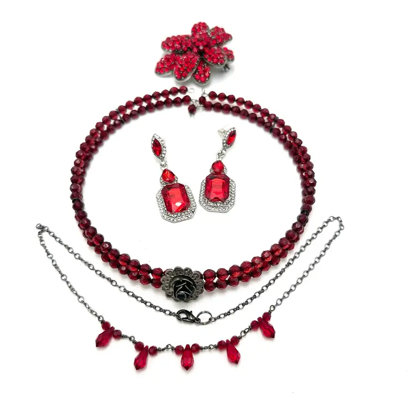 Red Choker Brooch Earring Necklace Paired Bridgerton Inspired Jewelry Lot