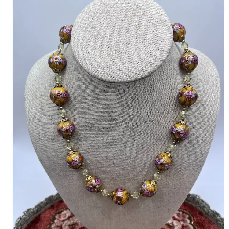 Italian venetian Murano Yellow Pink Blue wedding cake art glass necklace