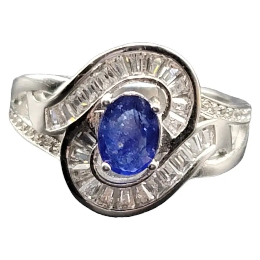 925 Sterling Silver Rhodium Plated Genuine Sapphire And Clear CZ Size 8 Ring