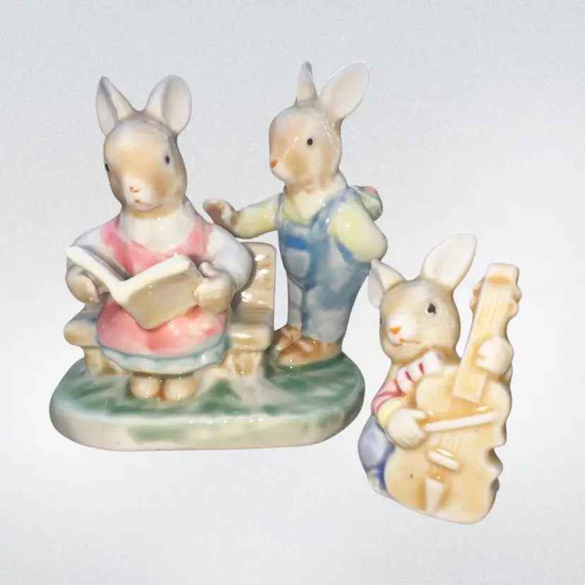 Vintage Albert Kessler Ceramic Bunny Rabbit Figurine, BUNNIES ON THE BENCH & Musical Baby Bunny
