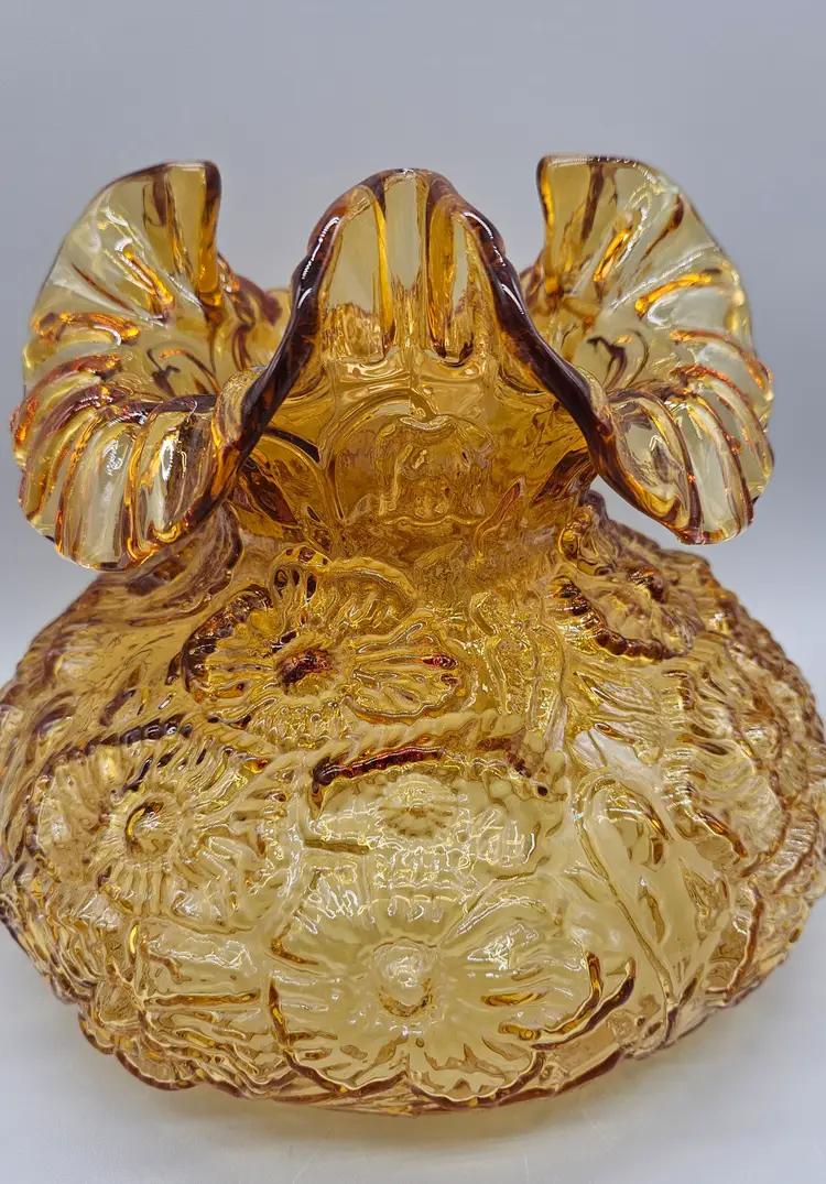 Vintage Fenton Amber Glass Ruffled Top Embossed Poppy Lamp Shade