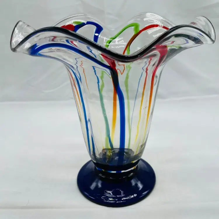 Studio Art Glass Compote Vase Hand Blown Murano Style Blue Pedestal Footed