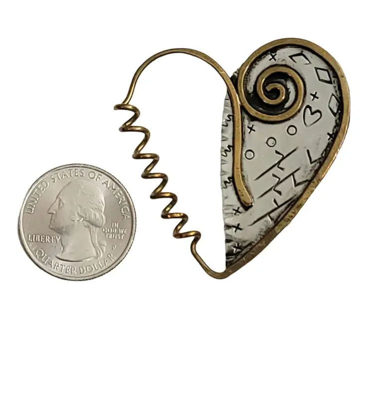 Miller Sterling Silver, Brass Open Heart Modernist Brooch, Signed