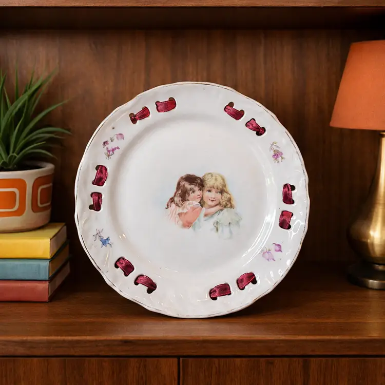 Antique Porcelain Ribbon Plate Wall Hanging Victorian Style Girls Transfer Portrait 7" Pierced Edge