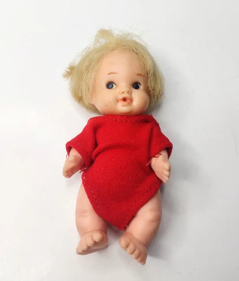 Vintage 1966 Uneeda Peewee Doll 4.25in Blonde Red One Piece