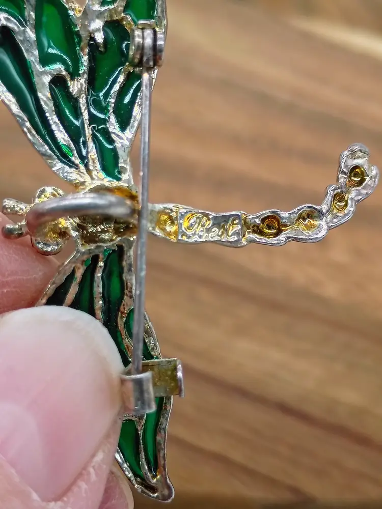 #01 - BEST Gold Tone with Black Rhinestone and Green Glass Dragonfly Brooch Pendant