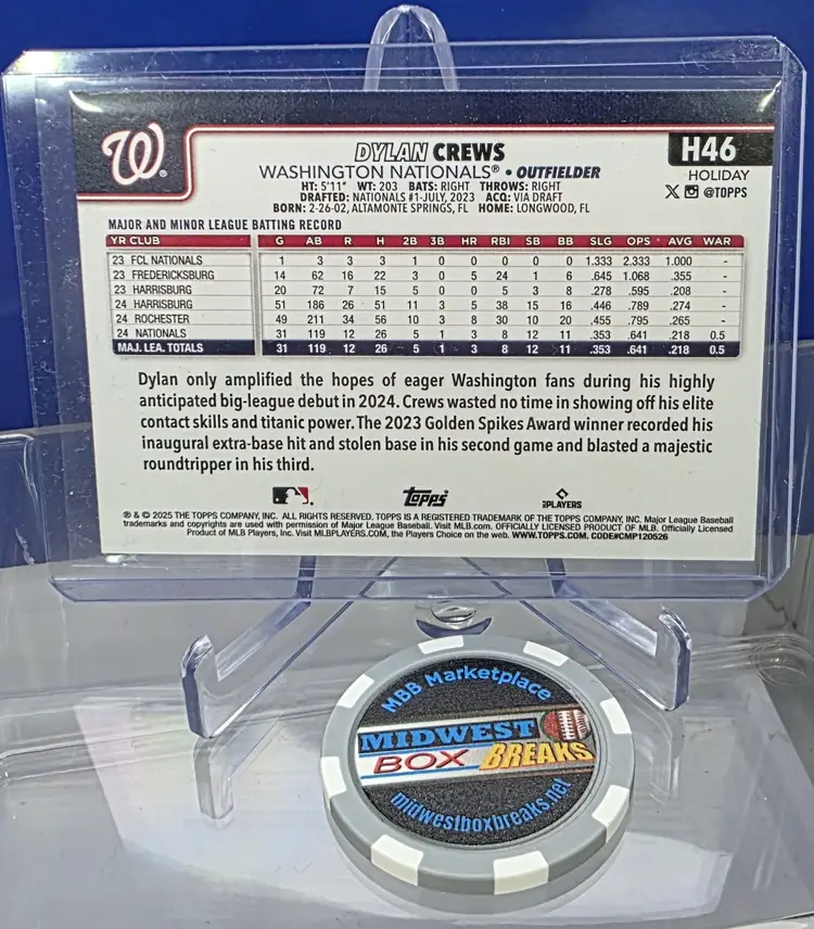Dylan Crews 2025 Topps Holiday Blue Foil Glitter No.H46 Washington Nationals