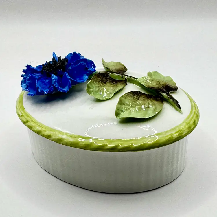 Vintage 3D Hand Painted Blue Flower Green Leaves & Stem Hand Modeled Trinket Box, by Ainsley, Made in England