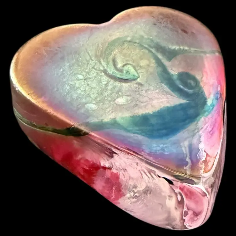 Robert Held RHAG Iridescent Pink Swirl Glass Heart Paperweight 2.75”