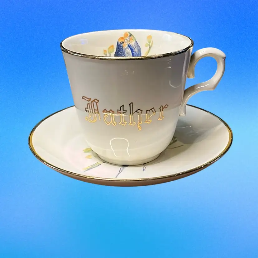14a. Vintage Atlas Warranted 22 Karat Gold China Father Coffee, Mug, And Saucer With Parrots