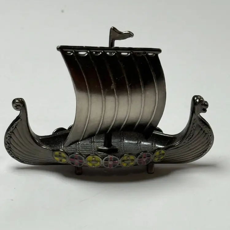 Vintage Mini Pewter Viking Ship Enamel Inlays Metal Ship Boat Scandinavian Decor