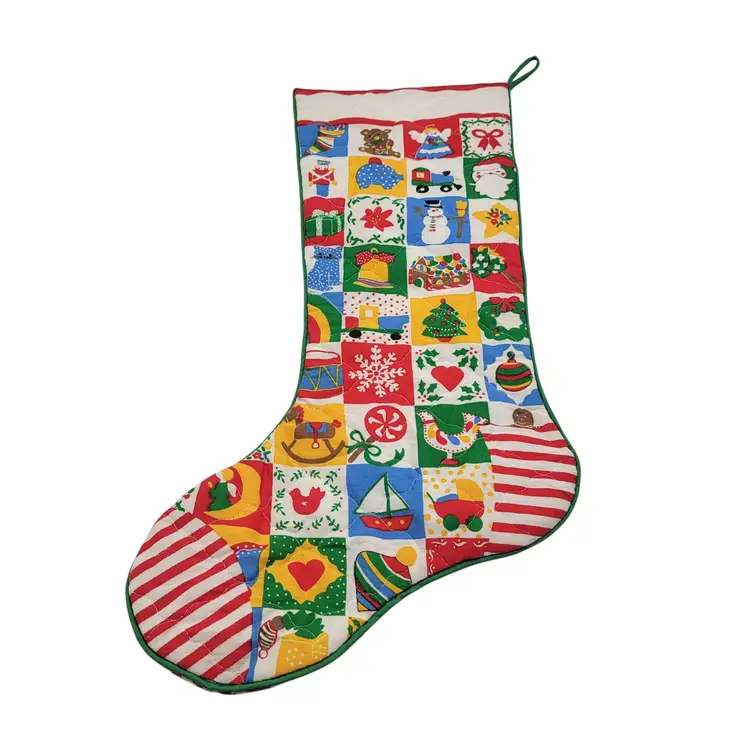 Vintage Handmade Bozo Christmas Stocking With Patchwork RickRack Holiday Designs