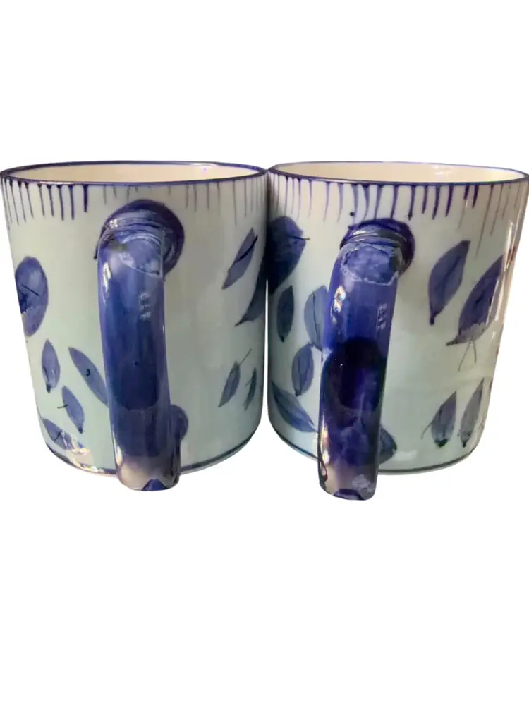 2 Hand Painted Coffee Mugs , Light Blue , Leaves , Drip Glaze Rim, Ceramic. Large