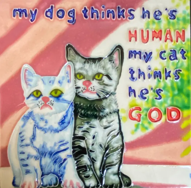 En Vogue Hand Painted Ceramic Art Tile Cute Kittens w/Humorous Phrase 8"x8"