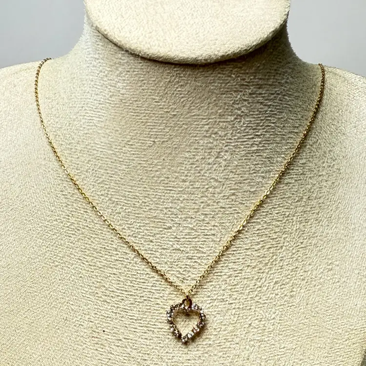 Vintage Krementz 14K Gold Overlay Small Rhinestone Heart Pendant with 18" Necklace Minimalist