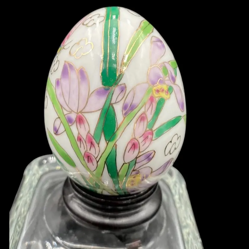 Vintage Japanese Hand-Painted Porcelain Egg, Purple Irises, w/wood stand