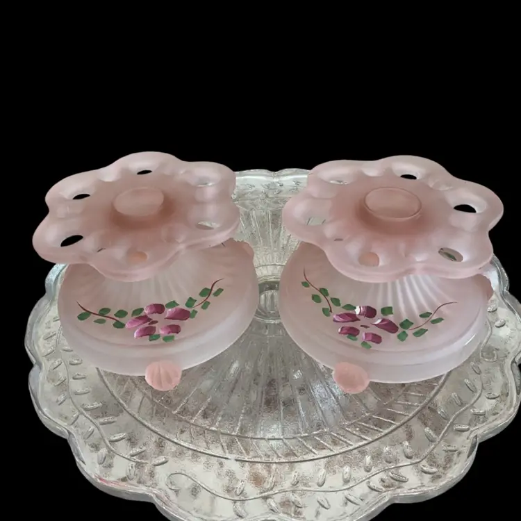 Old Colony Frosted Pink “Lace Edge” Candle Holders Set of 2