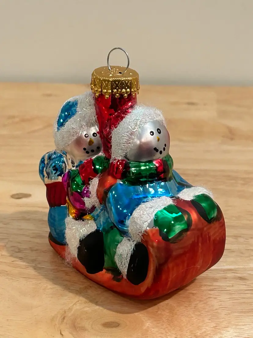 G&D Vintage Christmas Ornament Handblown Snowman Friends Riding A Sleigh