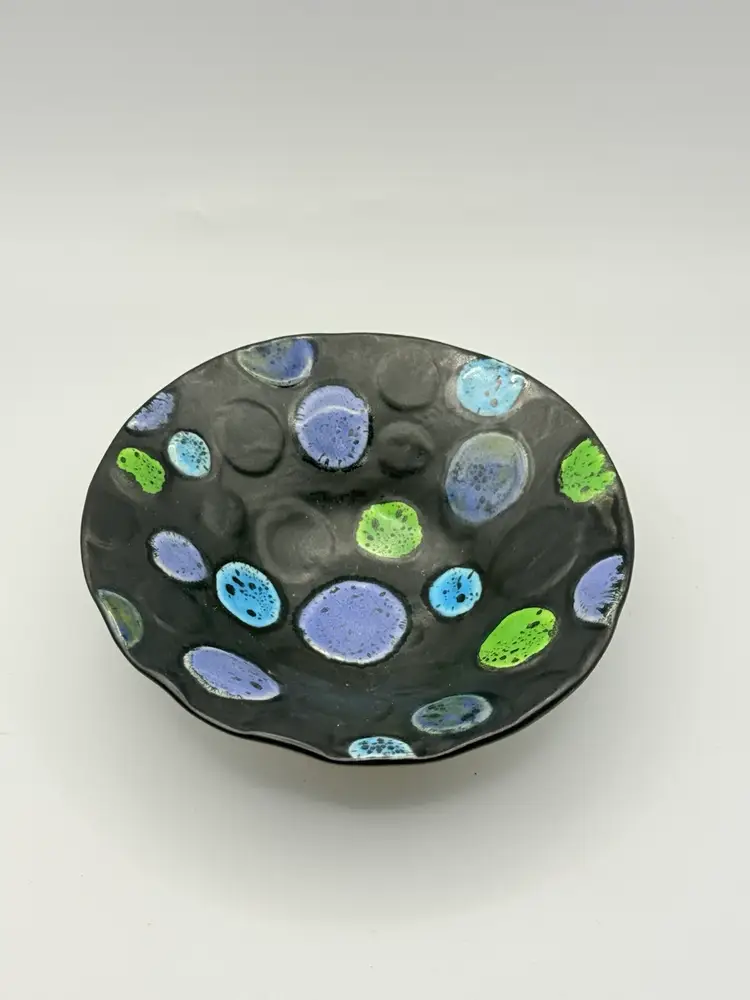 Signed Studio Art Pottery Polka Dot Trinket Dish Green Blue Black 4"