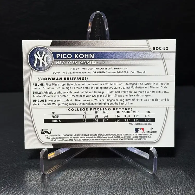 2025 Bowman Draft #BDC-52 Pico Kohn Chrome Laser Refractor 1st Bowman Yankees