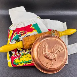 The Wild West Collection 🐴 🤠 - Never Used Vintage Cactus Cloth “Arizona” Apron, Rolling Pin, & Copper Wall Hanging